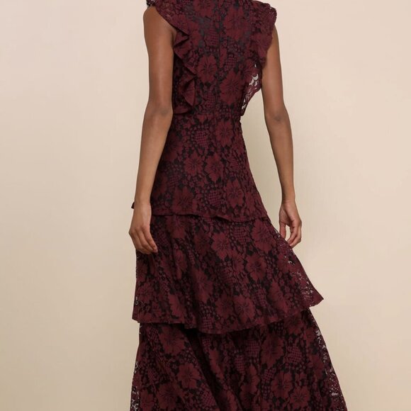 NWT Lulus Molinetto Burgundy Lace Ruffled Tiered Sleeveless Maxi Dress​ - Picture 2 of 9